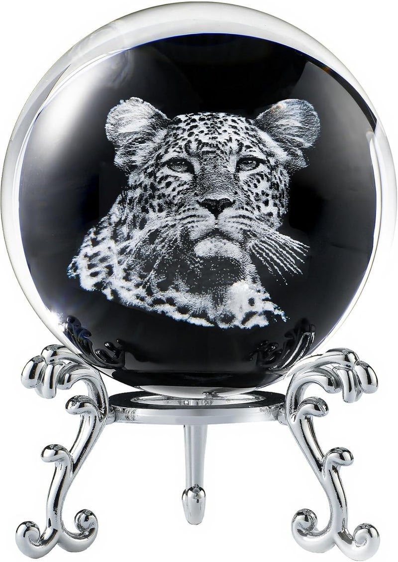 ZEERSHEE 60mm Cheetah Crystal Ball with Stand 3D Laser Engraved Leopard Decorative Glass Sphere Paperweight Gifts for Cheetah Lovers - Image 1